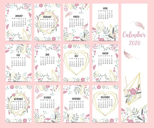 Doodle Pastel Boho kalender set 2020 med fjäder, guld geometrisk — Stock vektor