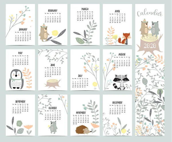 Doodle pastel woodland calendar set 2020 with fox, porcupine, peng — стоковый вектор