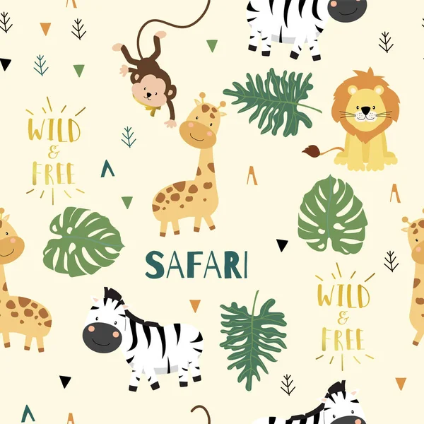 Leuke Safari achtergrond met Giraffe, Zebra, Leeuw, aap, bladeren. Vec — Stockvector