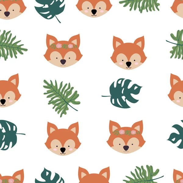 Fond safari mignon avec renard, feuilles. Illustration vectorielle seaml — Image vectorielle