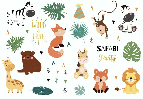 Ensemble d'objets Safari avec renard, girafe, zèbre, ours, singe, feuilles. malade — Image vectorielle