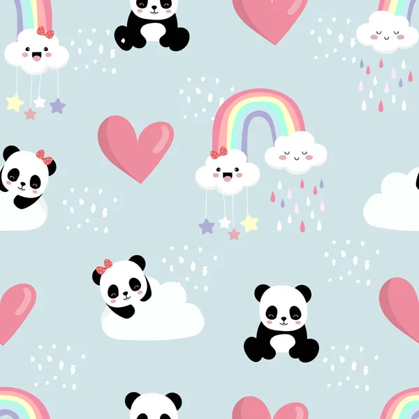Fondo lindo con panda, corazón, arco iris, nubes. Vector illustrati — Vector de stock