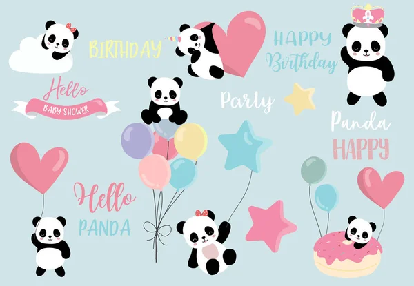 Παστέλ Panda σετ με πάνταβελανιδιά, ουράνιο τόξο, μπαλόνι, καρδιά illustrati — Διανυσματικό Αρχείο