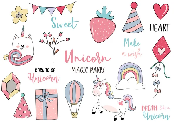 Unicorn pastel ditetapkan dengan unicorn, bunga, pelangi, caticorn, berlian - Stok Vektor