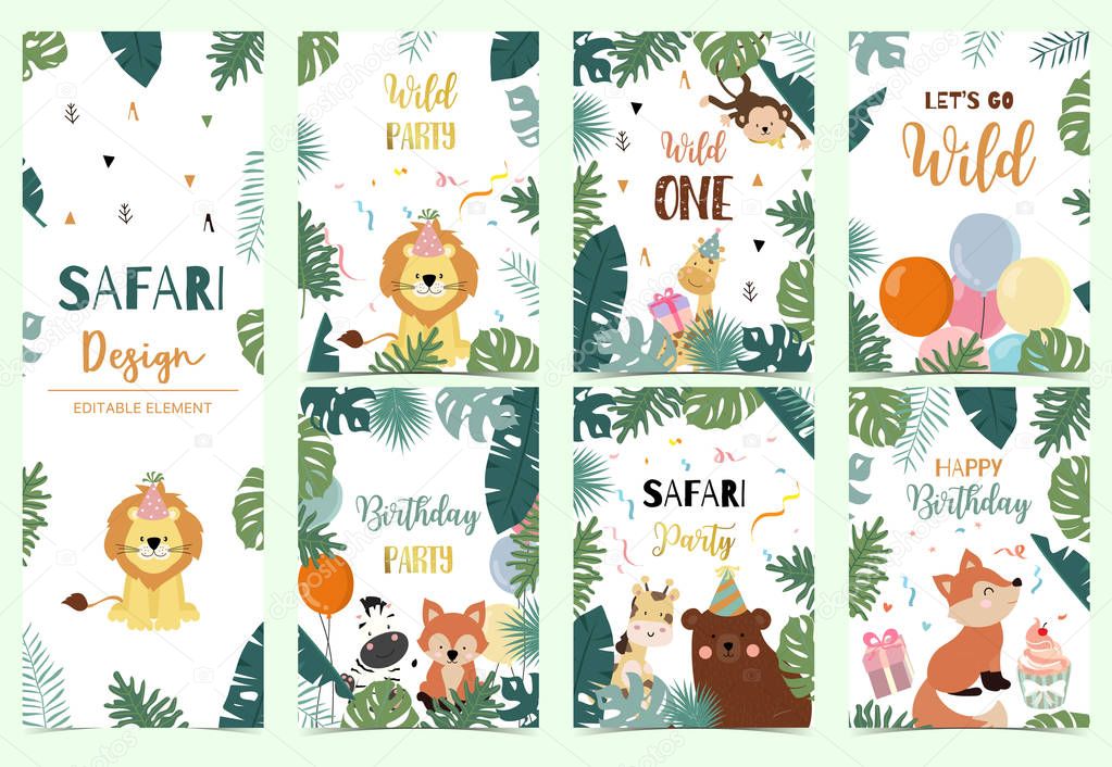 Green collection of safari background set with lion,fox,bear,giraffe,monkey.Editable vector illustration for birthday invitation,postcard and sticker.Wording include wild one