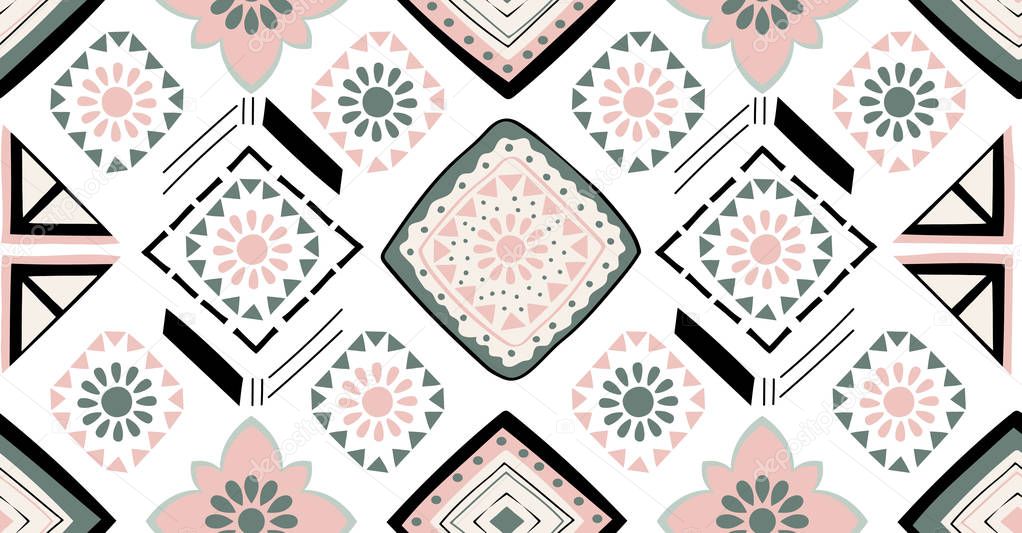 Green pink black geometric seamless pattern in African style wit