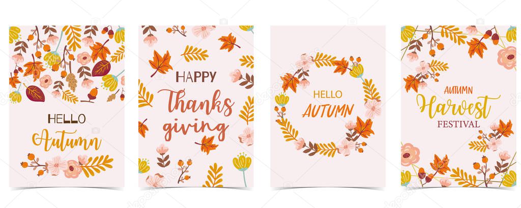 Collection of autumn background set with gold geometric,leaves,flower,wreath.Vector illustration for invitation,postcard and sticker.Editable element