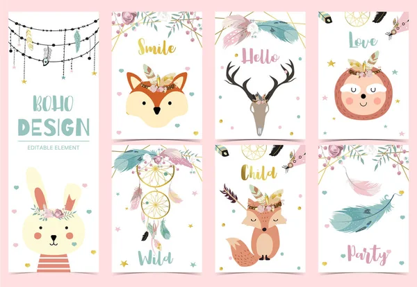 Collection of boho cards set with feather,dreamcatcher,fox,sloth — Stock Vector