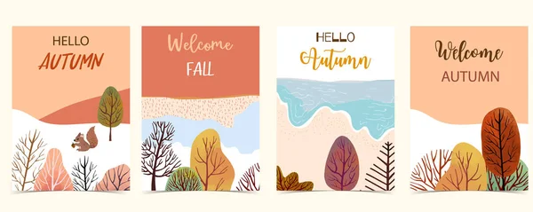 秋天背景集与叶子，树，松鼠，fr集合 — 图库矢量图片