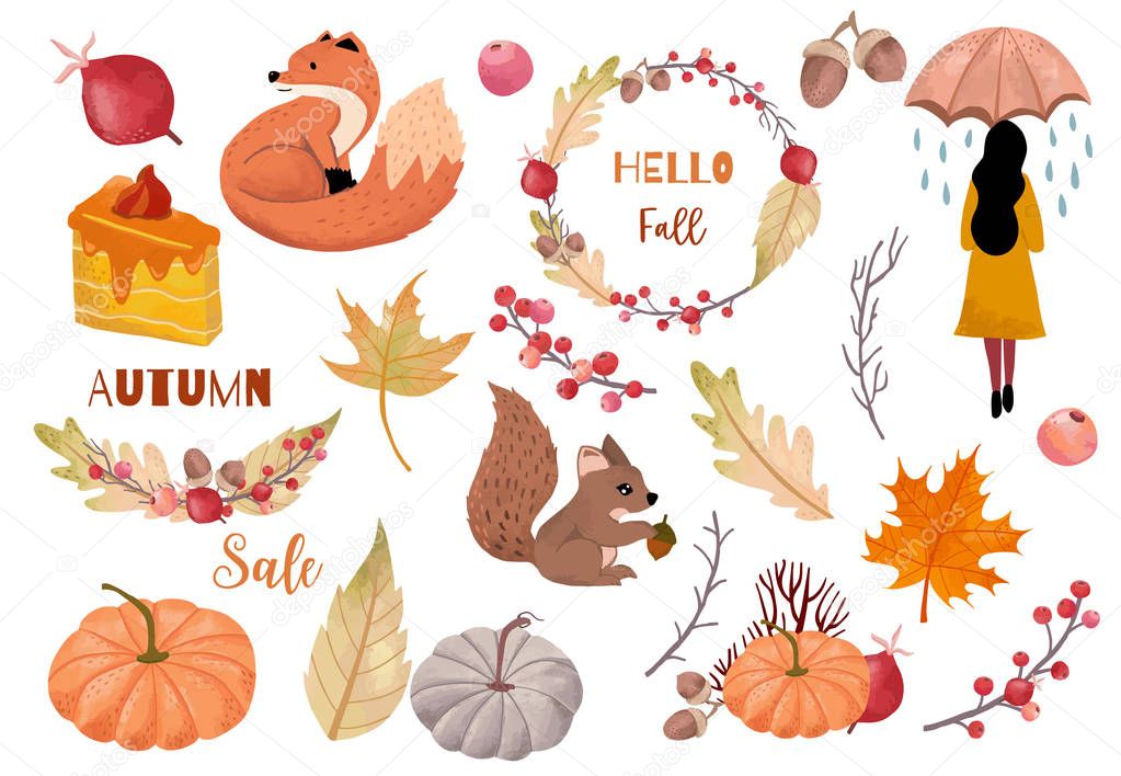 Autumn object collection with dry tree,squirrel,acorn,leaves,woman.Illustration for sticker,postcard,invitation,element website.Included hello fall and autumn sale wording