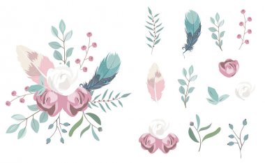 çiçek, gül, yaprak, çelenk ile pastel çiçek seti. Vektör illustra