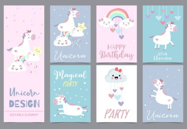 Tek boynuzlu at, gökkuşağı, bulut, sta ile ayarlanmış çocuk davetiyesi koleksiyonu