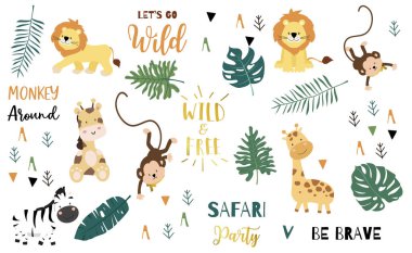 Safari nesne maymun, zürafa, zebra, aslan, yaprakları ile ayarlayın. illustr