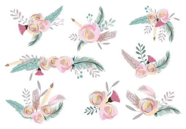 柔和的花束设置与花,玫瑰,叶,花纹插图f — 图库矢量图片