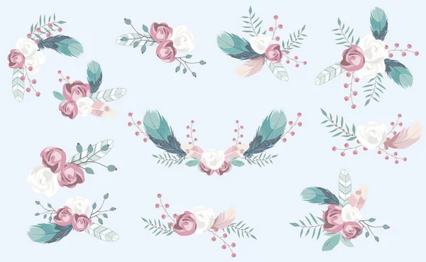 Pastel bloem set met bloem, Rose, bladeren, krans. Vector Illustra — Stockvector