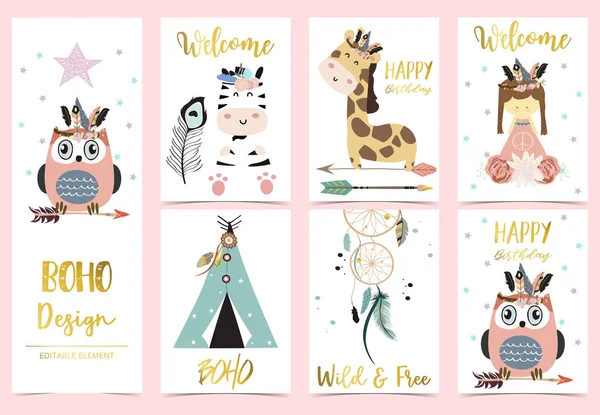 Collection of kid invitation set with feather,owl,tent,giraffe,z — Stock Vector