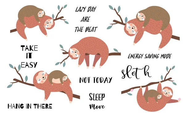 Lazy Sloth objektuppsättning med gren, sova, hängande. illustration fo — Stock vektor