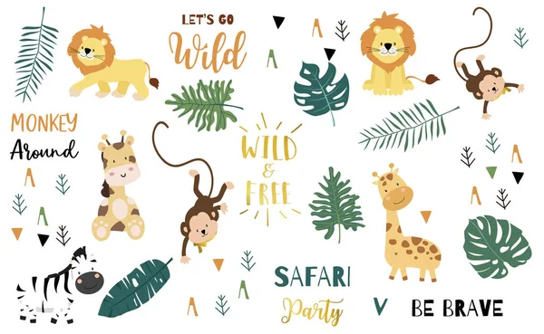 Oggetto Safari con scimmia, giraffa, zebra, leone, foglie. illustr — Vettoriale Stock