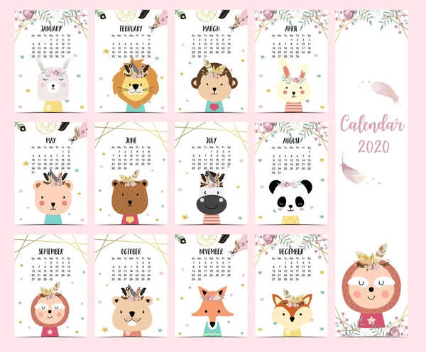 Doodle pastel boho calendário definido 2020 com pena, ouro geométrico —  Vetores de Stock