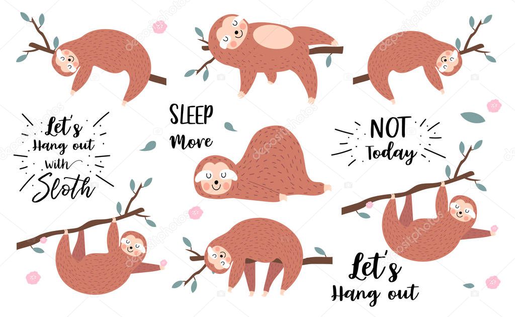 Lazy sloth object set with branch,sleep,hanging. illustration for logo,sticker,postcard,birthday invitation.Include Not today,let's hang out wording.Editable element