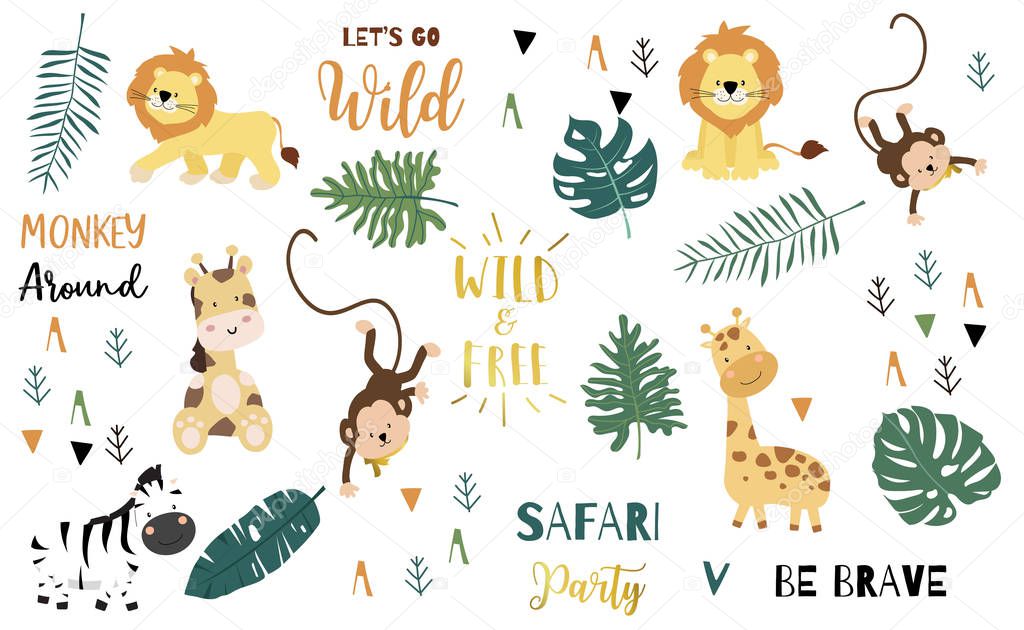 Safari object set with monkey,giraffe,zebra,lion,leaves. illustration for logo,sticker,postcard,birthday invitation.Editable element