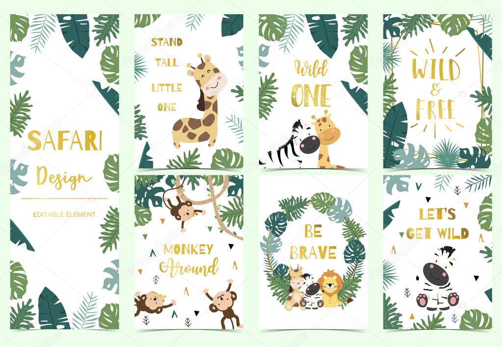 Green,gold collection of safari background set with lion,monkey,giraffe,zebra,geometric vector illustration for birthday invitation,postcard,logo and sticker.Wording include wild one,wild and free