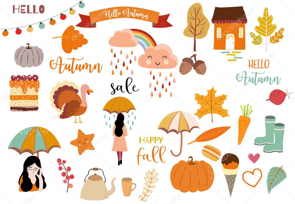 Autumn object collection with pumpkin,cloud,rainbow,woman.Illust