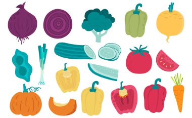 Sevimli sebze nesne koleksiyonu. Bütün, ikiye kesilmiş, p dilimlenmiş