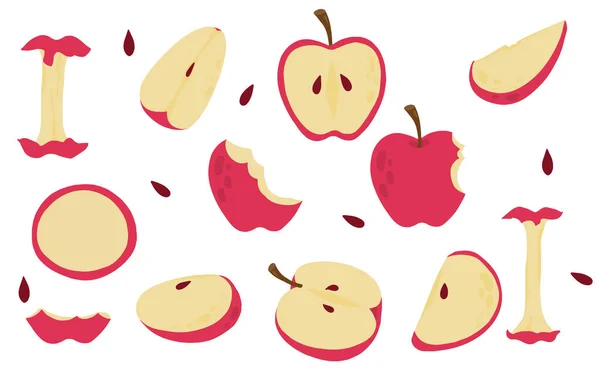 Süße Apfelobjektkollektion. Ganz, halbiert, in Scheiben geschnitten — Stockvektor