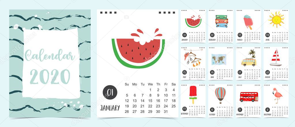 Doodle pastel 2020 calendar set with travel,watermelon,flamingo 