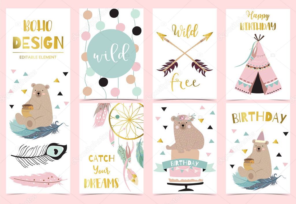 Collection of gold boho cards set with feather,dreamcatcher,bear.Vector illustration for birthday invitation,postcard and sticker.Editable element