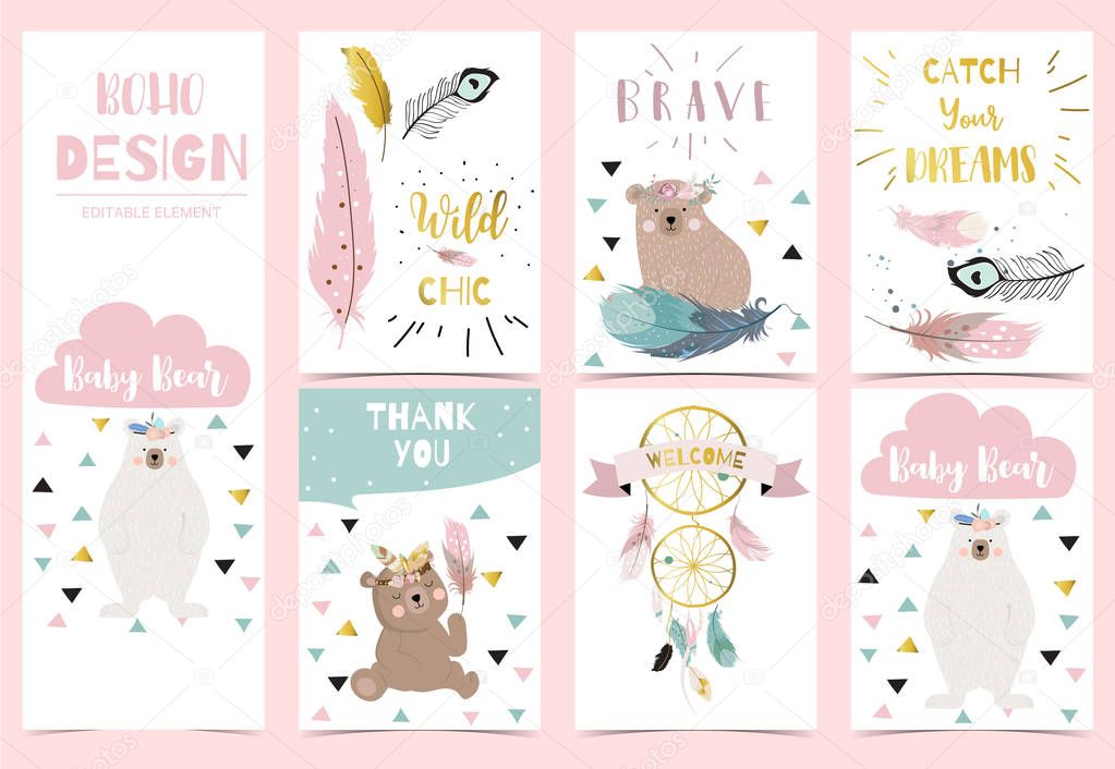 Collection of gold boho cards set with feather,dreamcatcher,bear.Vector illustration for birthday invitation,postcard and sticker.Editable element
