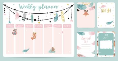 boho, tilki, ayı, tüy ile sevimli haftalık planlayıcı arka plan. Vektör