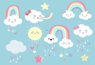 Pastel gökkuşağı bulut, güneş, yıldız, kalp illüstrasyon st ile ayarlayın