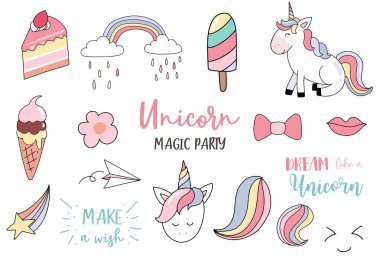 pastel hayvan tek boynuzlu at tek boynuzlu at tek boynuzlu at seti, dondurma, gökkuşağı, çiçek,