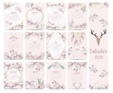 Doodle pastel boho takvim seti 2020 tüy, altın geometrik