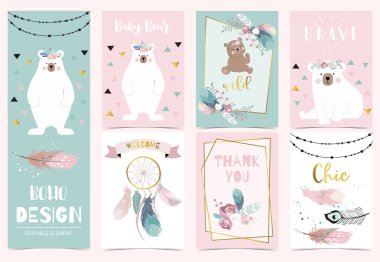 Tüy, dreamcatcher, ayı ile ayarlanmış boho kartları koleksiyonu. Vektör