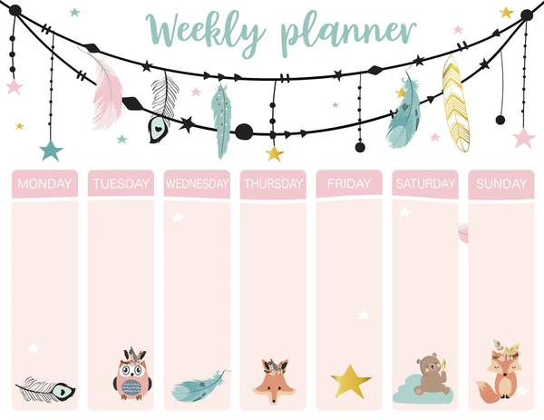 Cute tygodniowy Planner tło z Boho, Fox, niedźwiedź, pióro. Wektor — Wektor stockowy