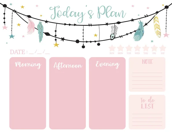 Cute today plan background with feather, boho.Vector illustration — стоковый вектор
