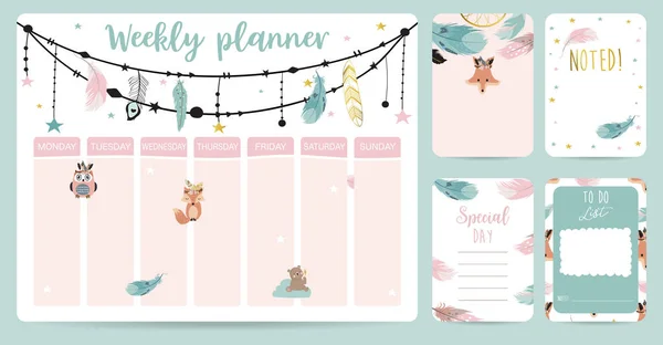 Cute weekly planner background with boho,fox,bear,feather.Vector — Stock Vector