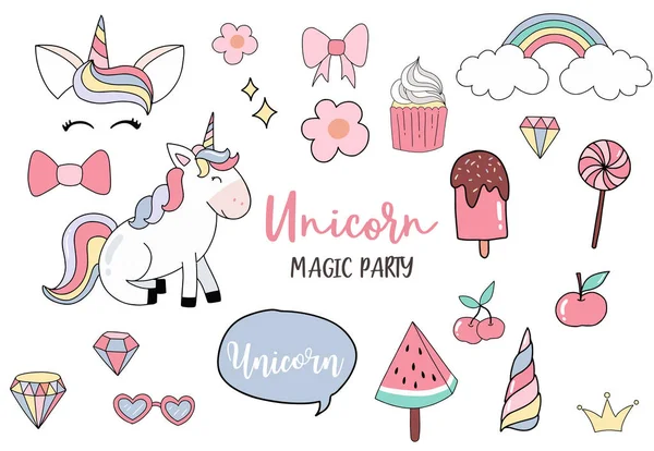 Pastel animal unicornio conjunto con unicornio, helado, arco iris, corona, d — Vector de stock