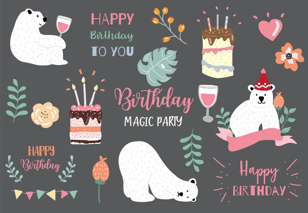Παστέλ γενέθλια σετ με αρκούδα, τούρτα, άδεια, λουλούδι, καρδιά illustrati — Διανυσματικό Αρχείο