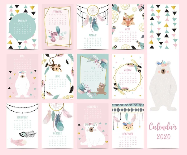 Doodle pastel boho calendar set 2020 with feather, gold geometric — стоковый вектор