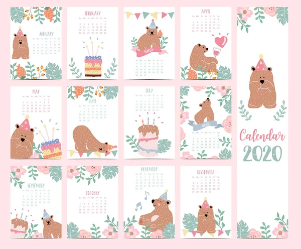 Пастельний набір тварин Doodle 2020 з ведмедем, квіткою, листям f — стоковий вектор