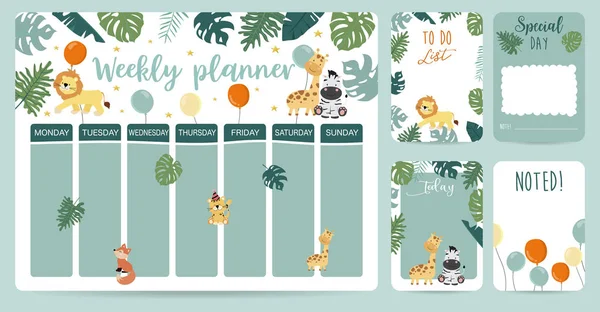 Cute animal weekly planner background with giraffe,zebra,lion.Ve — Stock Vector