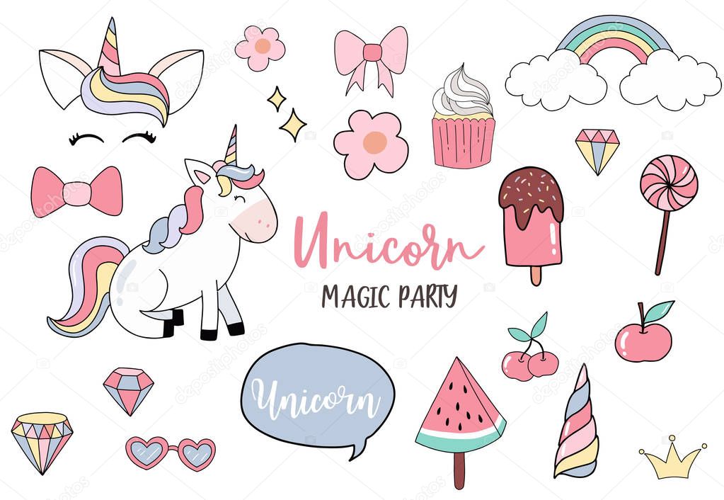 pastel animal unicorn set with unicorn,ice cream,rainbow,crown,d