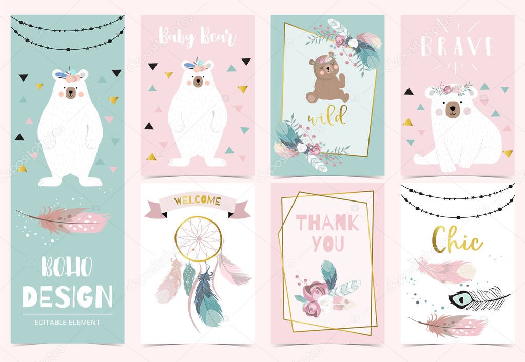 Collection of boho cards set with feather,dreamcatcher,bear.Vector illustration for birthday invitation,postcard and sticker.Editable element