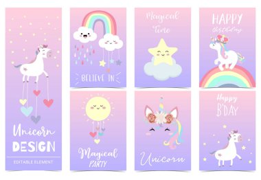 Tek boynuzlu at ile sevimli çocuk arka plan, gökkuşağı, pembe, doğum günü için bulut