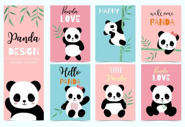 Collection of birthday background set with panda,bamboo.Editable clipart