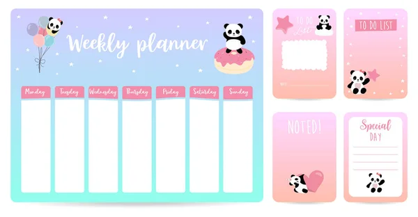 Cute weekly planner background for kid with panda,star,heart — Stock Vector